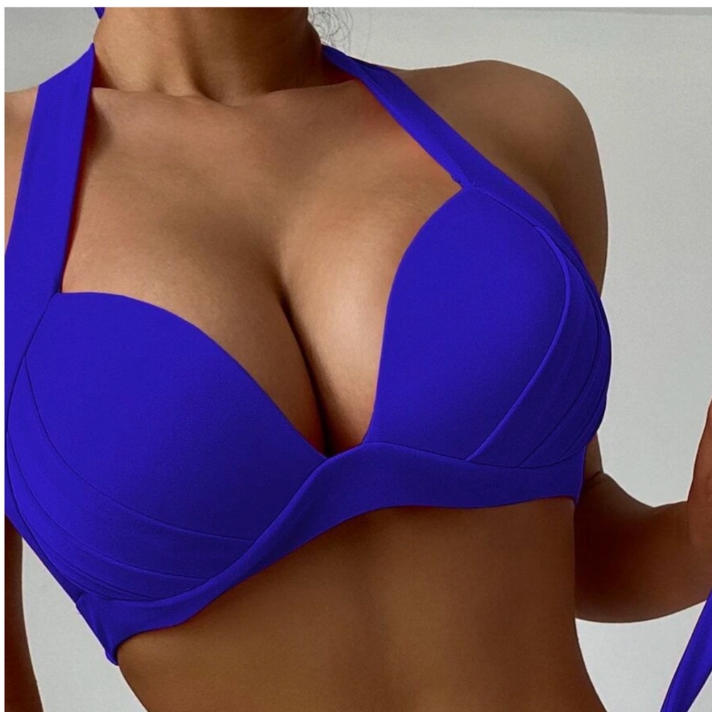SHEIN Solid blue bikini halter push up XL